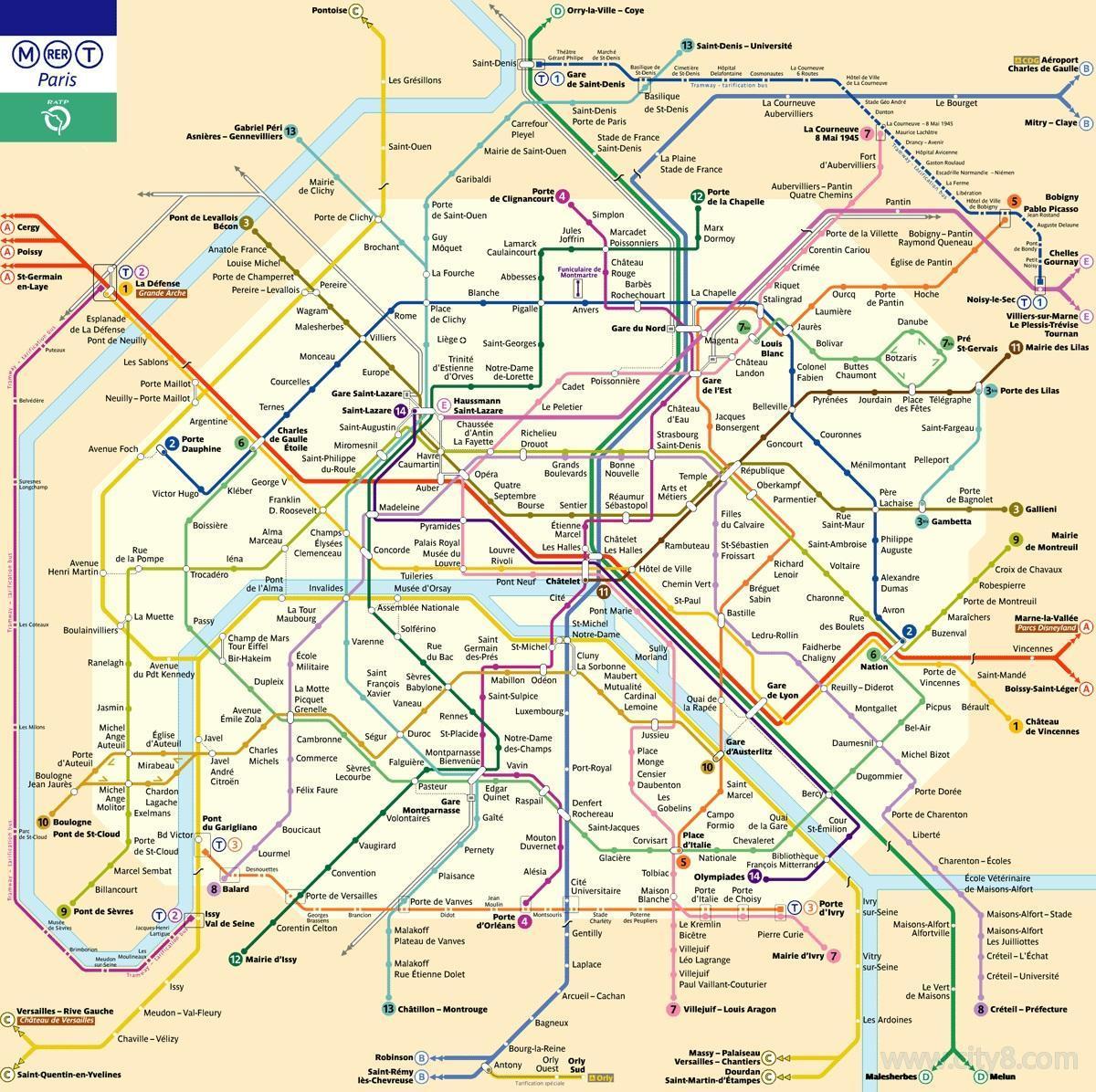 途径法国巴黎里昂火车站(gare de lyon)的地铁线路:地铁1号线,rer a线