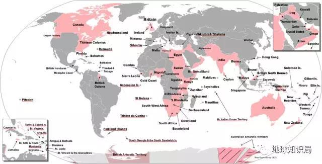 大英帝国鼎盛时期的疆域,此为不同时代的重叠地图