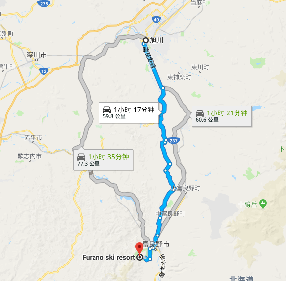  旭川到富良野滑雪场的自驾线路图