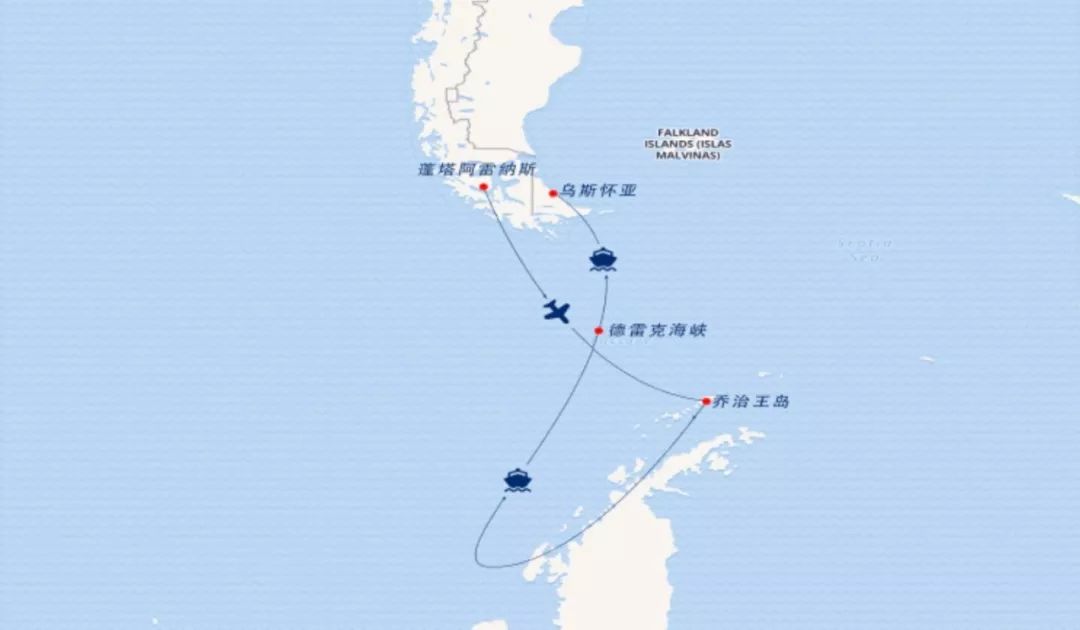 它的线路很棒,去程直接从 智利的蓬塔阿雷纳斯飞到南极的乔治王岛