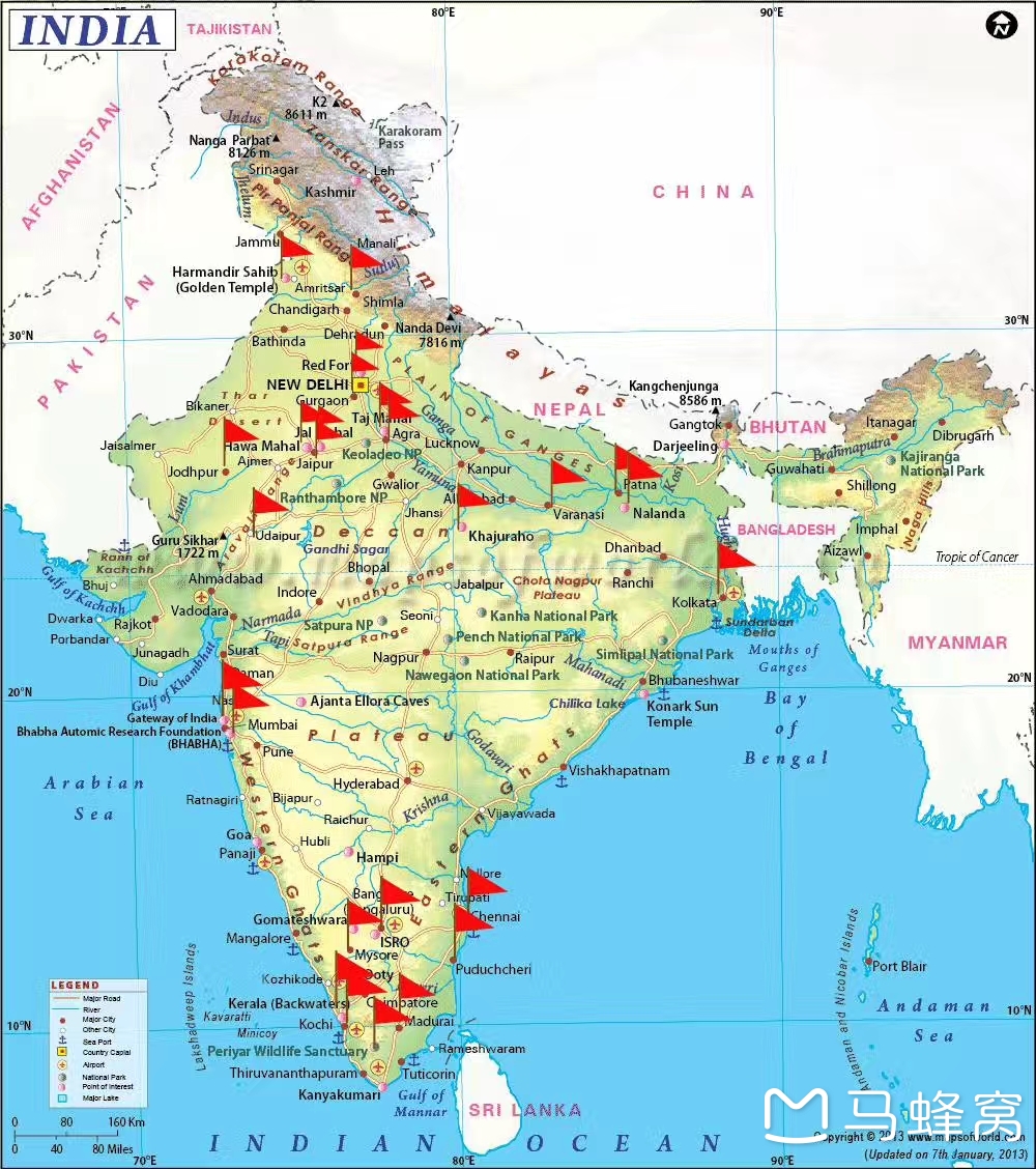 插上小红旗的地方,就是我曾走过的 印度 ,还有很多去过的地方地图