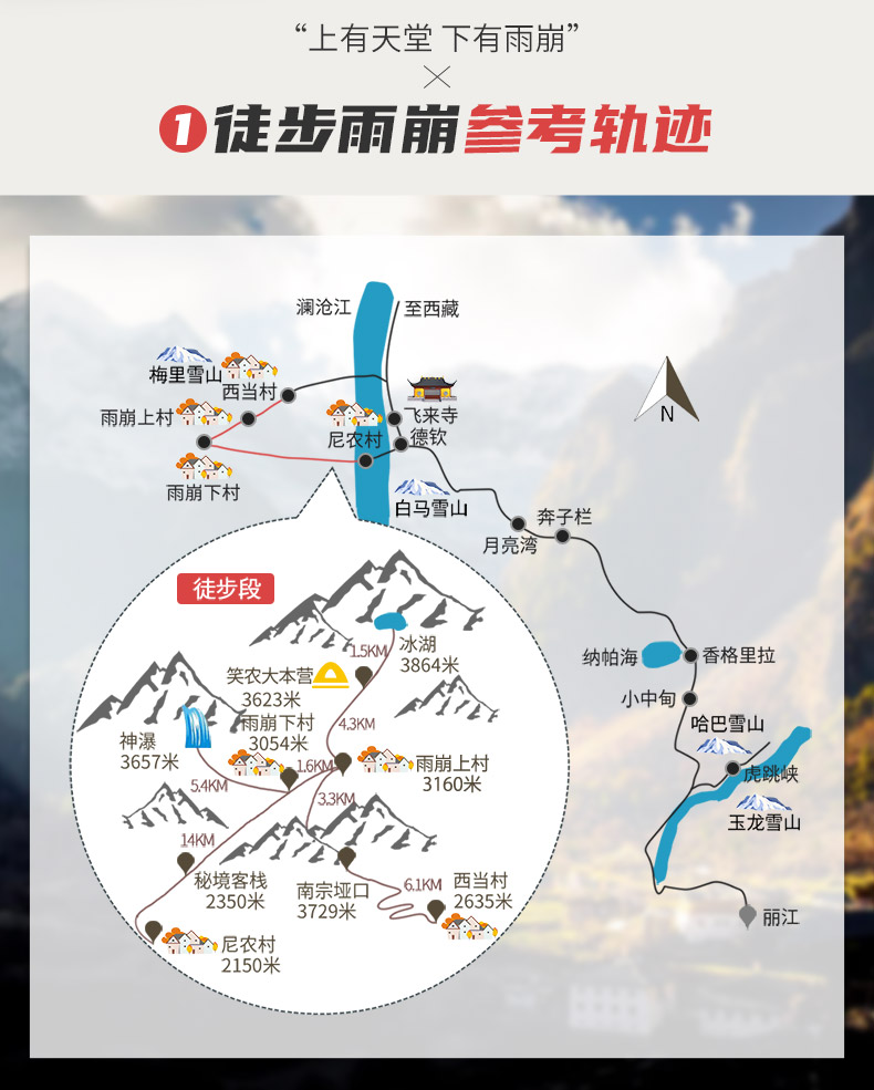 丽江徒步雨崩6日游雪山观景酒店免费租用登山杖1人成行梅里雪山雨崩村