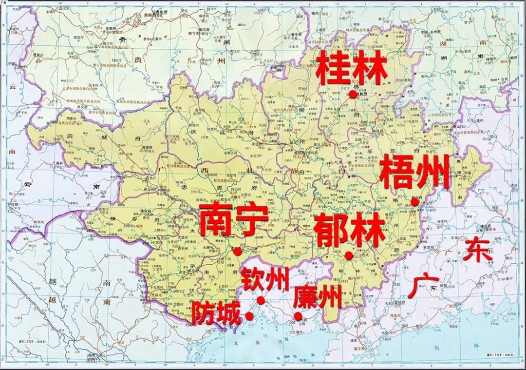 清朝时广西管辖的范围 标注@《中国自驾地理》,底图源自地图窝