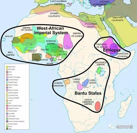 非洲古代國家的分佈 高度集中在西非薩赫勒地帶和東非