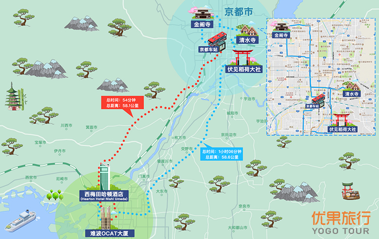 关西京都一日游 醉美经典线路(伏见稻荷大社 金阁寺 清水寺 可含日式