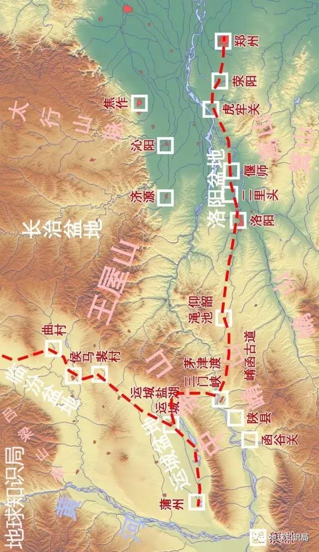 經臨汾,永濟(蒲州),運城等地,循虞坂故道離開山西盆地,從茅津渡過黃河