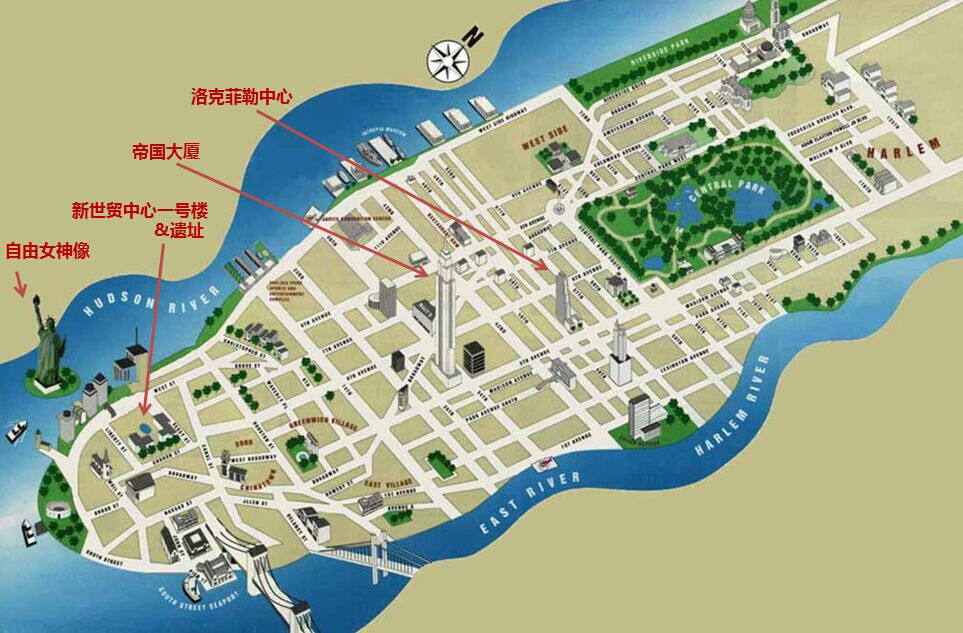 曼哈顿岛上四大ip观景点——自由女神像,帝国大厦,洛克菲勒中心以及新