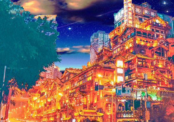 千与千寻·洪崖洞洪崖洞的吊脚楼群依山而建,像迷宫一般,被金黄色和