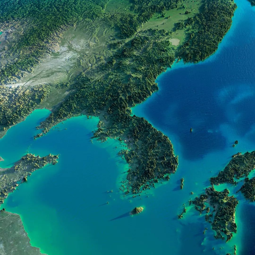 ▼(朝鲜半岛及周边三维地形图,左为辽东半岛,山东半岛,右下为日本列岛