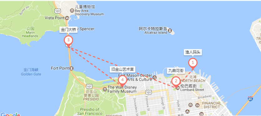 hi~ 我是线路图~旧金山市区出发→游览渔人码头,九曲花街,金门大桥
