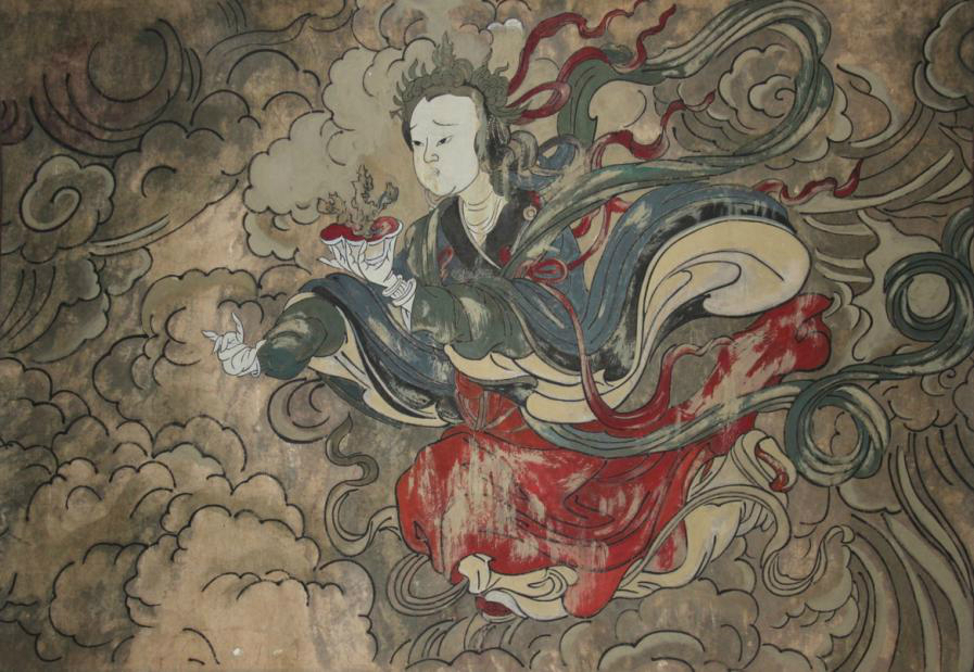 相传在重建宝梵寺时,寺中长老请来一位童颜鹤发的老人作画.